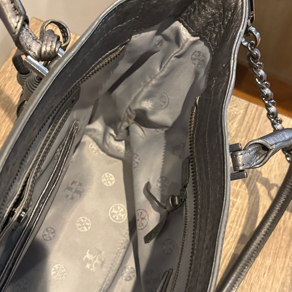 Tory Burch Metallic Gunmetal Leather Shoulder Tote with Tassel - Picture 6 of 6